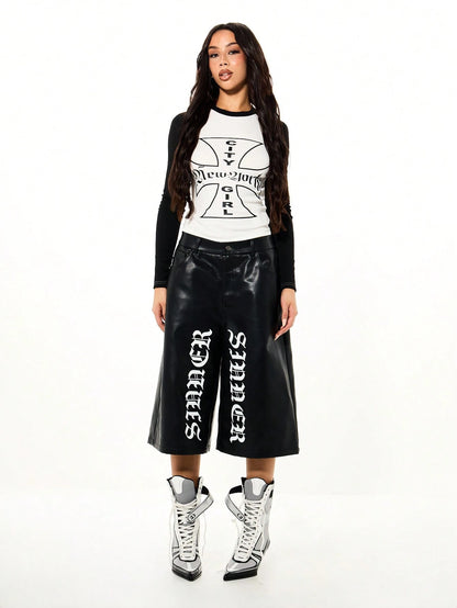 SUMWON WOMEN Women's Long Sleeve Raglan Cross Print Crew Neck Color Block Top With City Girl New York Design