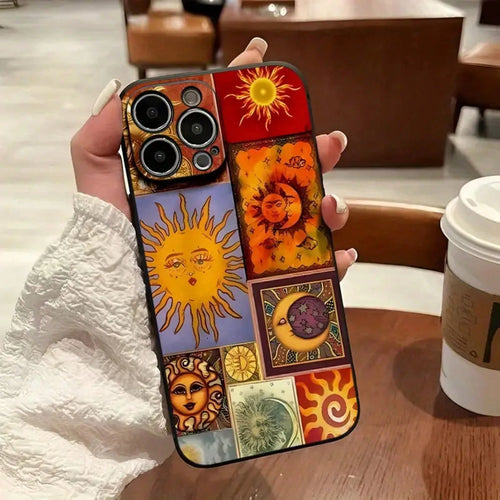 Sun And Moon Pattern Mobile Phone Case, Decorated With Whimsical Faces And Cosmic Designs, Suitable For IPhone 16, 15, 14, 13, 12, 11 Pro Models, TPU Material, Shockproof Protection. It Is A Great Gif