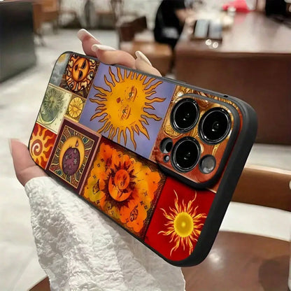 Sun And Moon Pattern Mobile Phone Case, Decorated With Whimsical Faces And Cosmic Designs, Suitable For IPhone 16, 15, 14, 13, 12, 11 Pro Models, TPU Material, Shockproof Protection. It Is A Great Gif