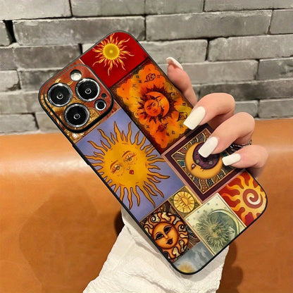 Sun And Moon Pattern Mobile Phone Case, Decorated With Whimsical Faces And Cosmic Designs, Suitable For IPhone 16, 15, 14, 13, 12, 11 Pro Models, TPU Material, Shockproof Protection. It Is A Great Gif