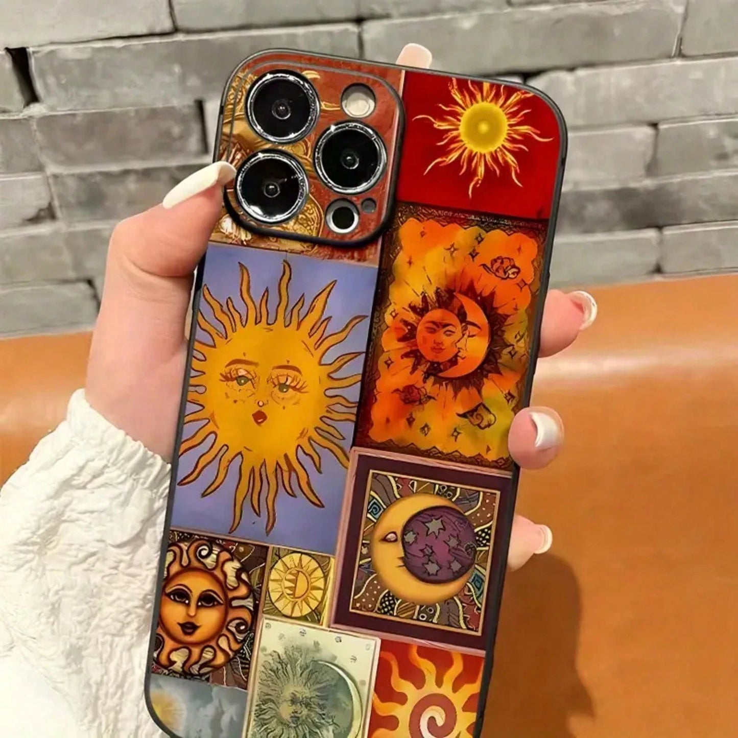 Sun And Moon Pattern Mobile Phone Case, Decorated With Whimsical Faces And Cosmic Designs, Suitable For IPhone 16, 15, 14, 13, 12, 11 Pro Models, TPU Material, Shockproof Protection. It Is A Great Gif