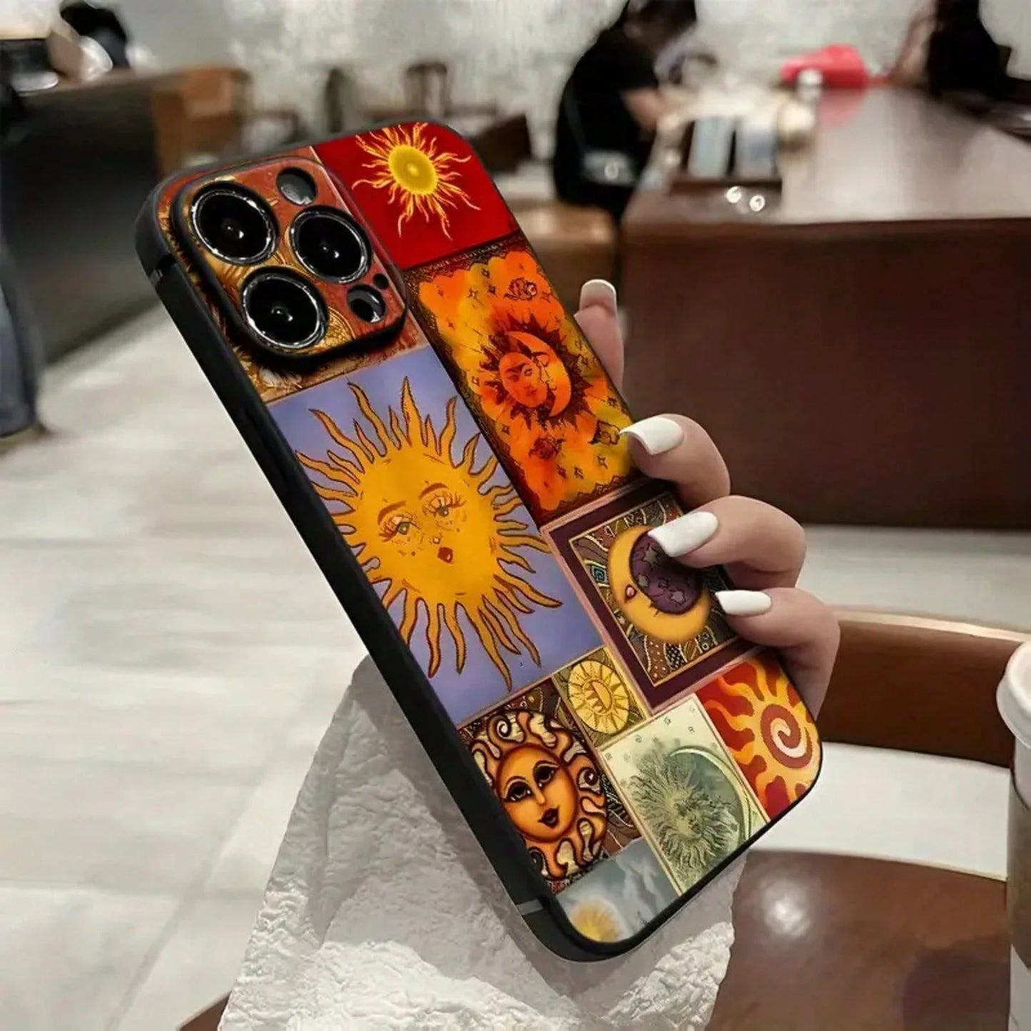 Sun And Moon Pattern Mobile Phone Case, Decorated With Whimsical Faces And Cosmic Designs, Suitable For IPhone 16, 15, 14, 13, 12, 11 Pro Models, TPU Material, Shockproof Protection. It Is A Great Gif