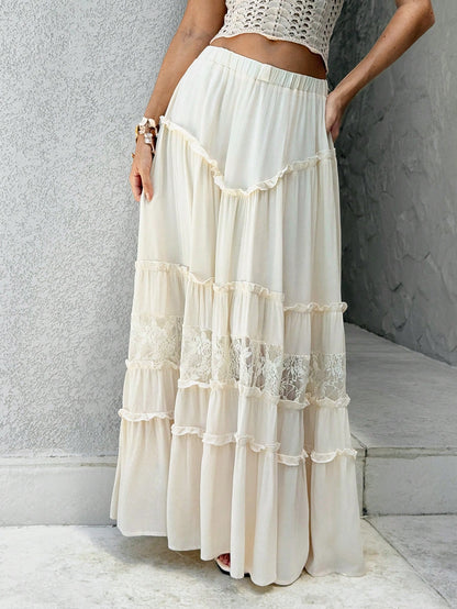Sunnyshic Apricot Pleated Lace Trim Skirt, Minimalist & Fashionable, Suitable For Summer