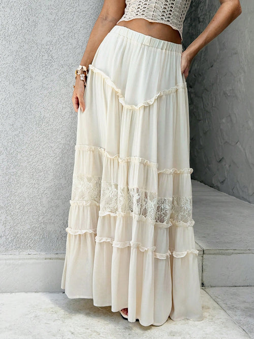 Sunnyshic Apricot Pleated Lace Trim Skirt, Minimalist & Fashionable, Suitable For Summer