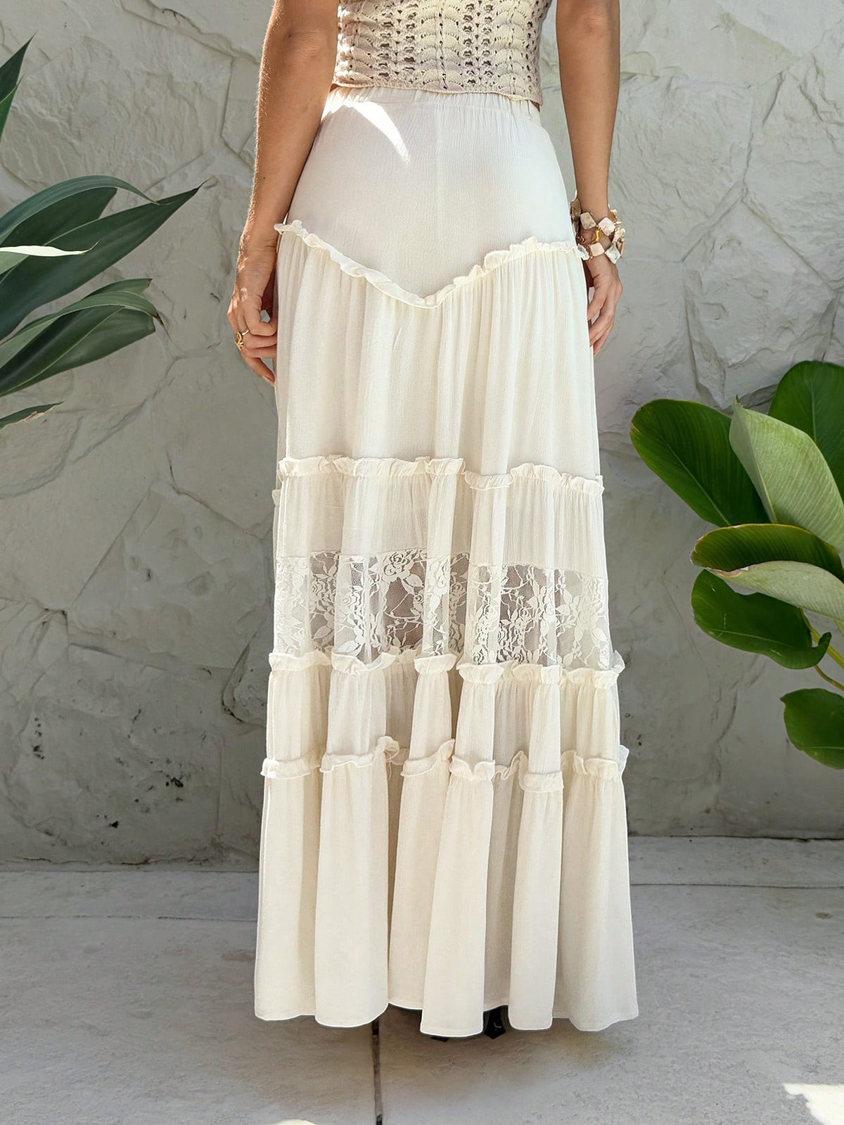 Sunnyshic Apricot Pleated Lace Trim Skirt, Minimalist & Fashionable, Suitable For Summer