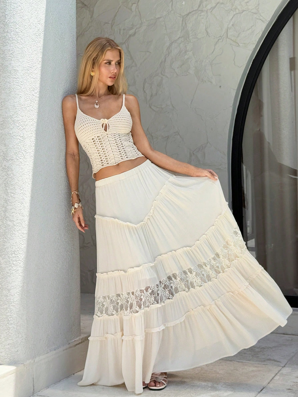 Sunnyshic Apricot Pleated Lace Trim Skirt, Minimalist & Fashionable, Suitable For Summer