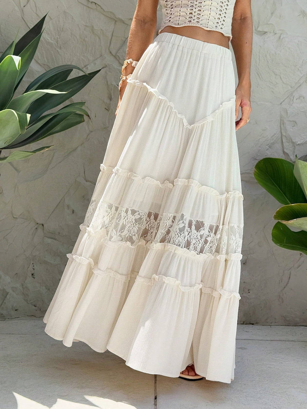 Sunnyshic Apricot Pleated Lace Trim Skirt, Minimalist & Fashionable, Suitable For Summer