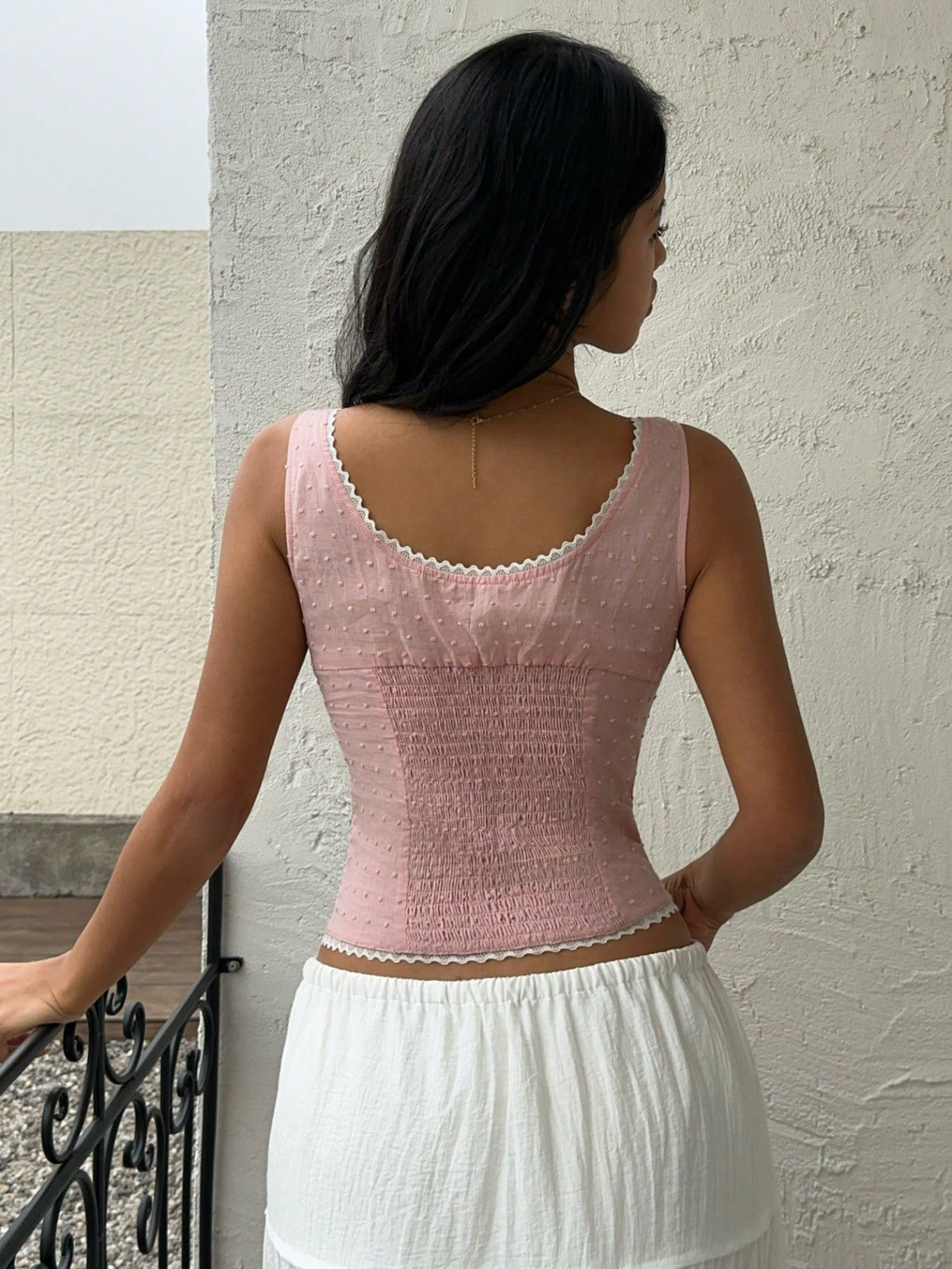 Sunnyshic Lace Patchwork Ruched Tight Fit Scoop Neck Tank Top For Summer