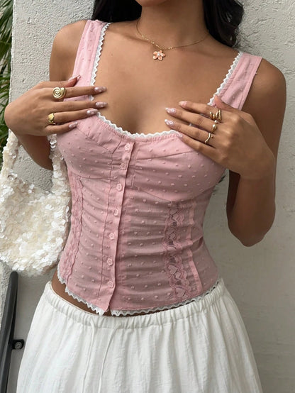Sunnyshic Lace Patchwork Ruched Tight Fit Scoop Neck Tank Top For Summer