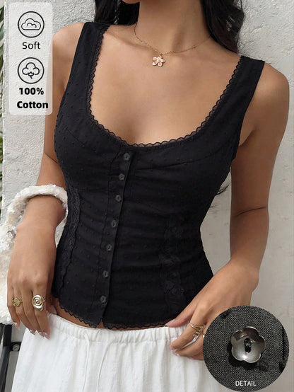 Sunnyshic Lace Patchwork Ruched Tight Fit Scoop Neck Tank Top For Summer