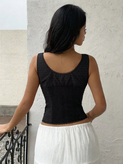 Sunnyshic Lace Patchwork Ruched Tight Fit Scoop Neck Tank Top For Summer
