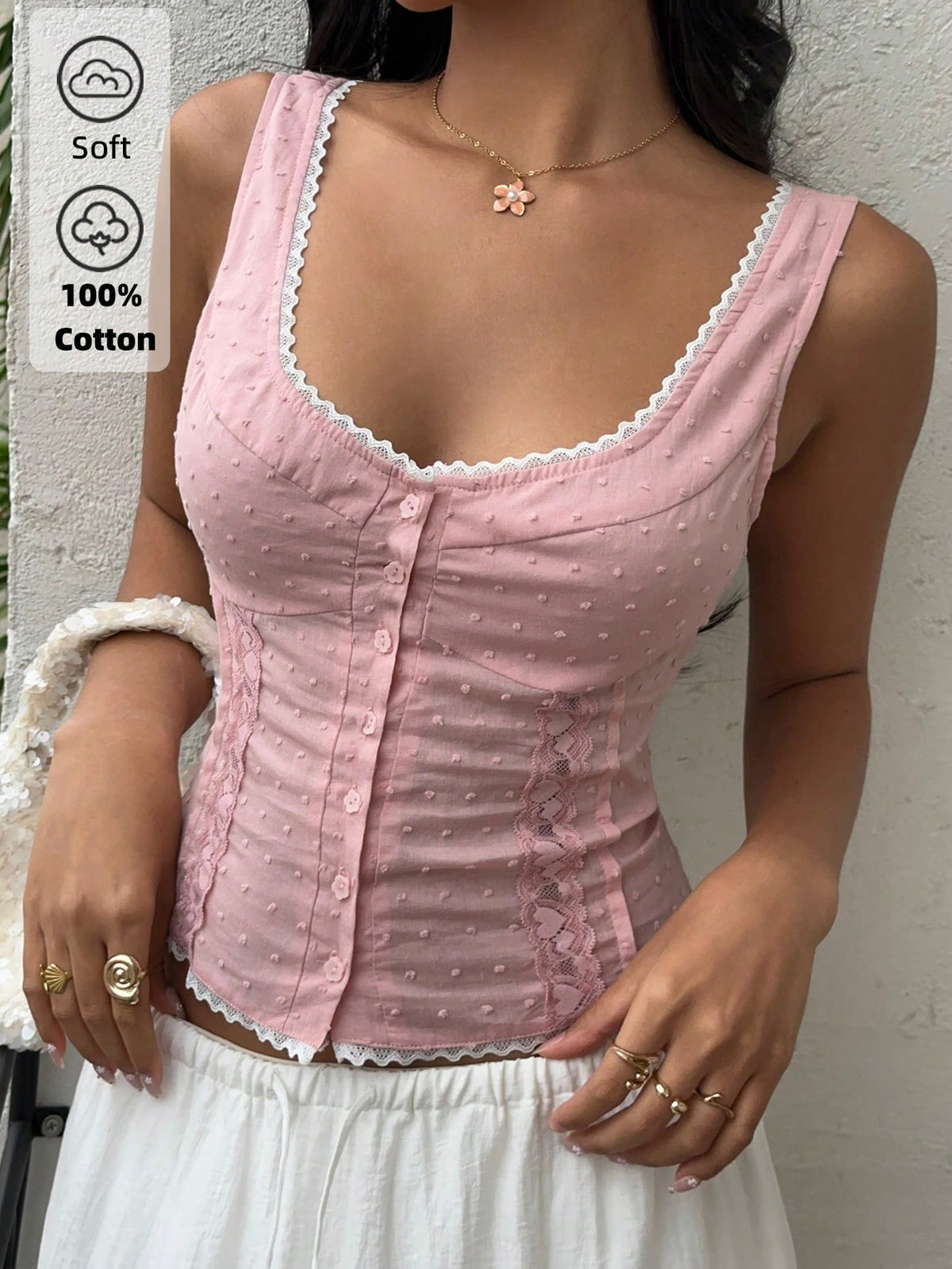 Sunnyshic Lace Patchwork Ruched Tight Fit Scoop Neck Tank Top For Summer
