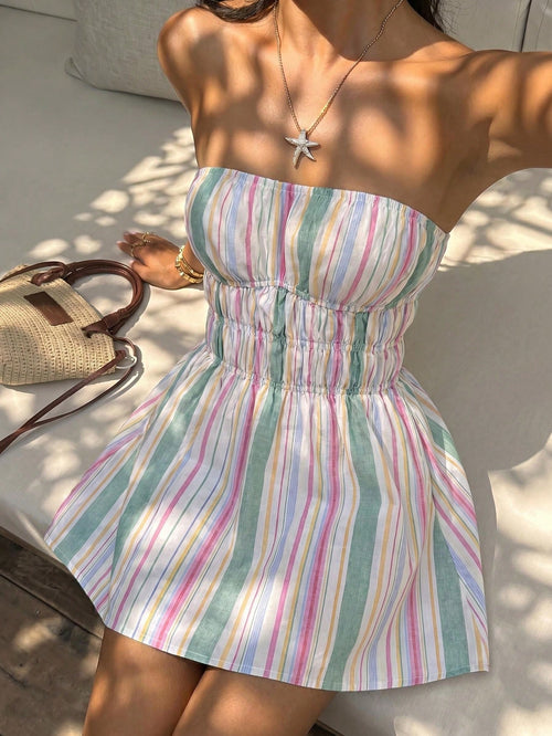 Sunnyshic Women's Spring/Summer Colorful Striped Traceable Cotton Bandeau Backless Ruched Waist A-Line Mini Dress, Elegant Versatile For Vacation, Beach, Countryside, Shopping, Dating, Casual, Commuti