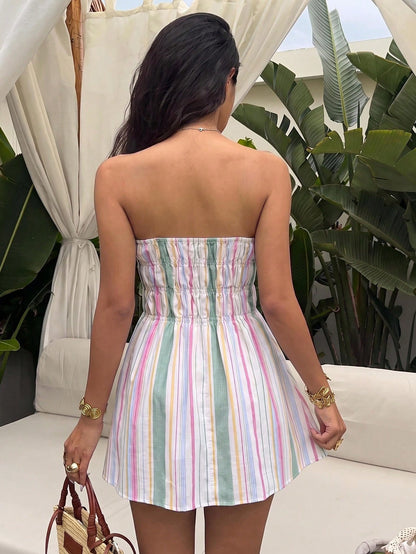 Sunnyshic Women's Spring/Summer Colorful Striped Traceable Cotton Bandeau Backless Ruched Waist A-Line Mini Dress, Elegant Versatile For Vacation, Beach, Countryside, Shopping, Dating, Casual, Commuti