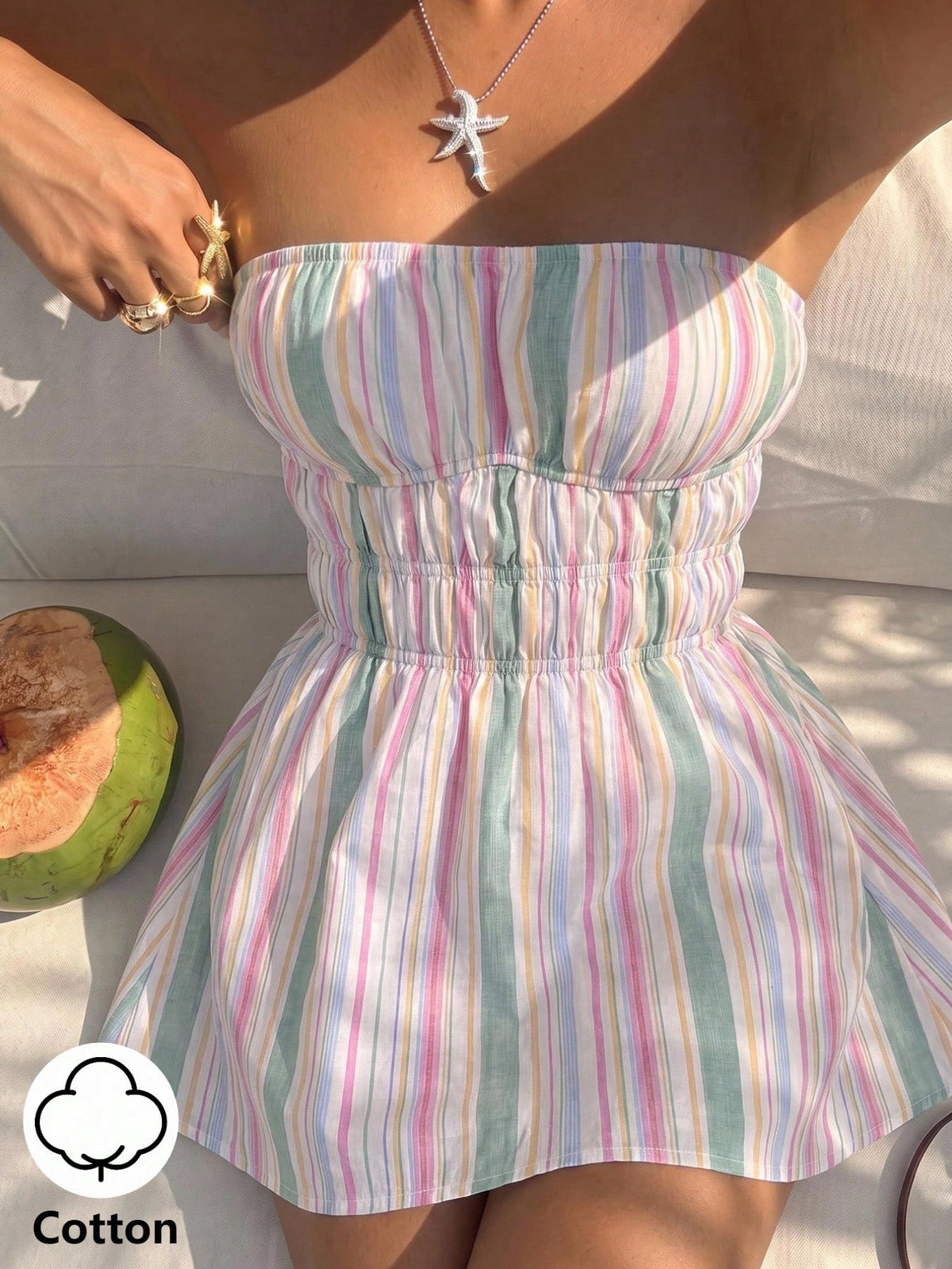 Sunnyshic Women's Spring/Summer Colorful Striped Traceable Cotton Bandeau Backless Ruched Waist A-Line Mini Dress, Elegant Versatile For Vacation, Beach, Countryside, Shopping, Dating, Casual, Commuti