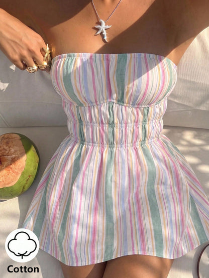 Sunnyshic Women's Spring/Summer Colorful Striped Traceable Cotton Bandeau Backless Ruched Waist A-Line Mini Dress, Elegant Versatile For Vacation, Beach, Countryside, Shopping, Dating, Casual, Commuti