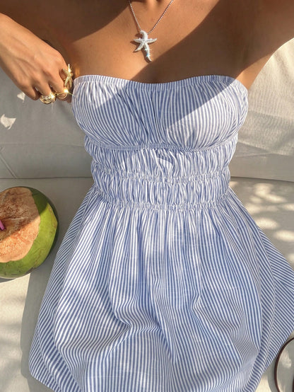 Sunnyshic Women's Spring/Summer Colorful Striped Traceable Cotton Bandeau Backless Ruched Waist A-Line Mini Dress, Elegant Versatile For Vacation, Beach, Countryside, Shopping, Dating, Casual, Commuti
