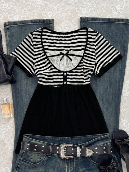 Sunspun Plus Size Striped Button Bow Short Sleeve T-Shirt For Summer