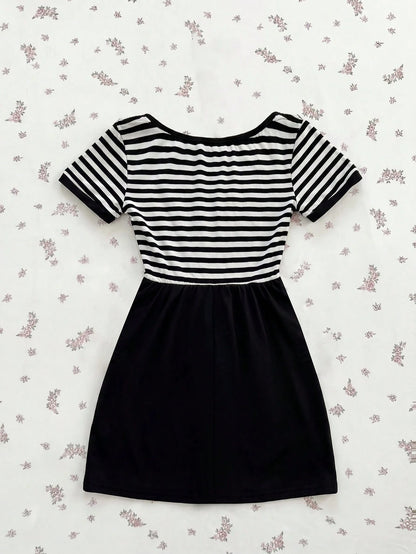 Sunspun Plus Size Striped Button Bow Short Sleeve T-Shirt For Summer