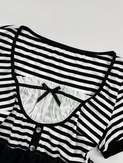 Sunspun Plus Size Striped Button Bow Short Sleeve T-Shirt For Summer