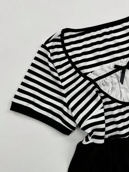 Sunspun Plus Size Striped Button Bow Short Sleeve T-Shirt For Summer