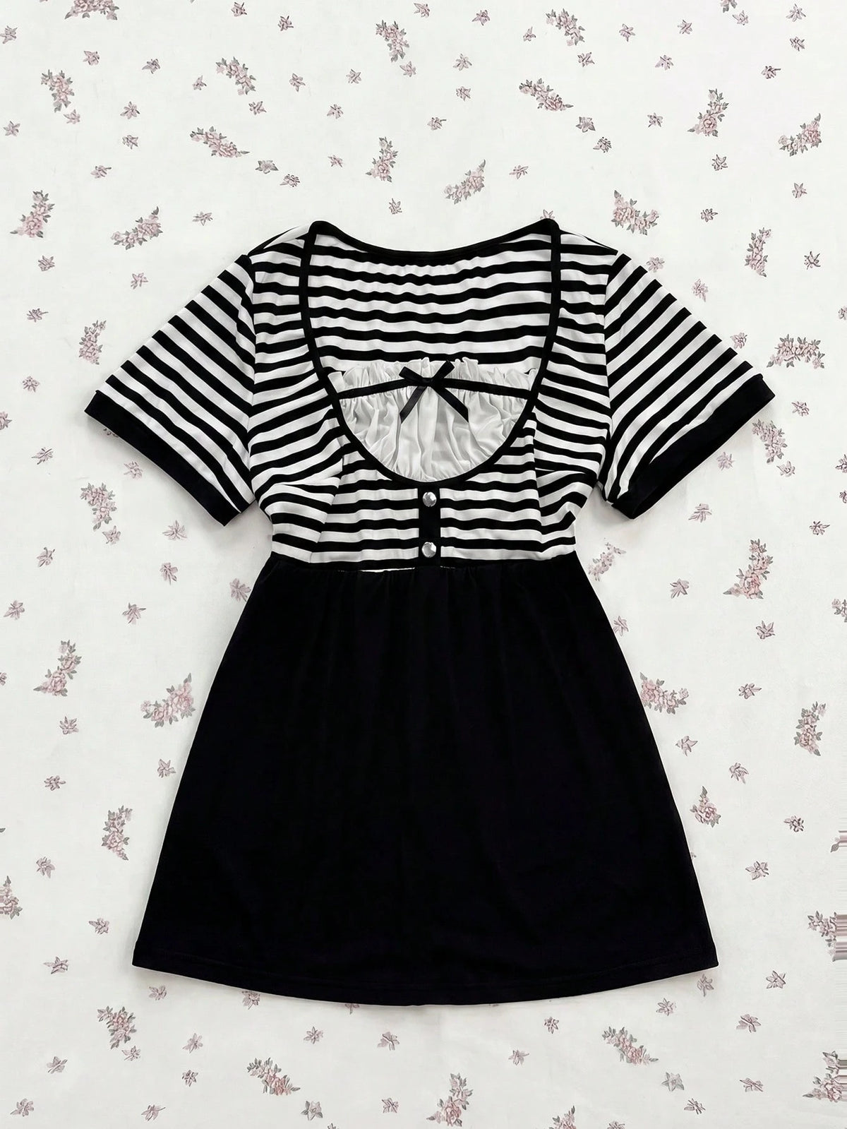 Sunspun Plus Size Striped Button Bow Short Sleeve T-Shirt For Summer