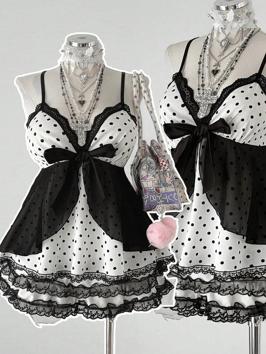 Sunspun Plus Size Women Polka Dot Patchwork Lace Bow Camisole Kawaii Alt Cute