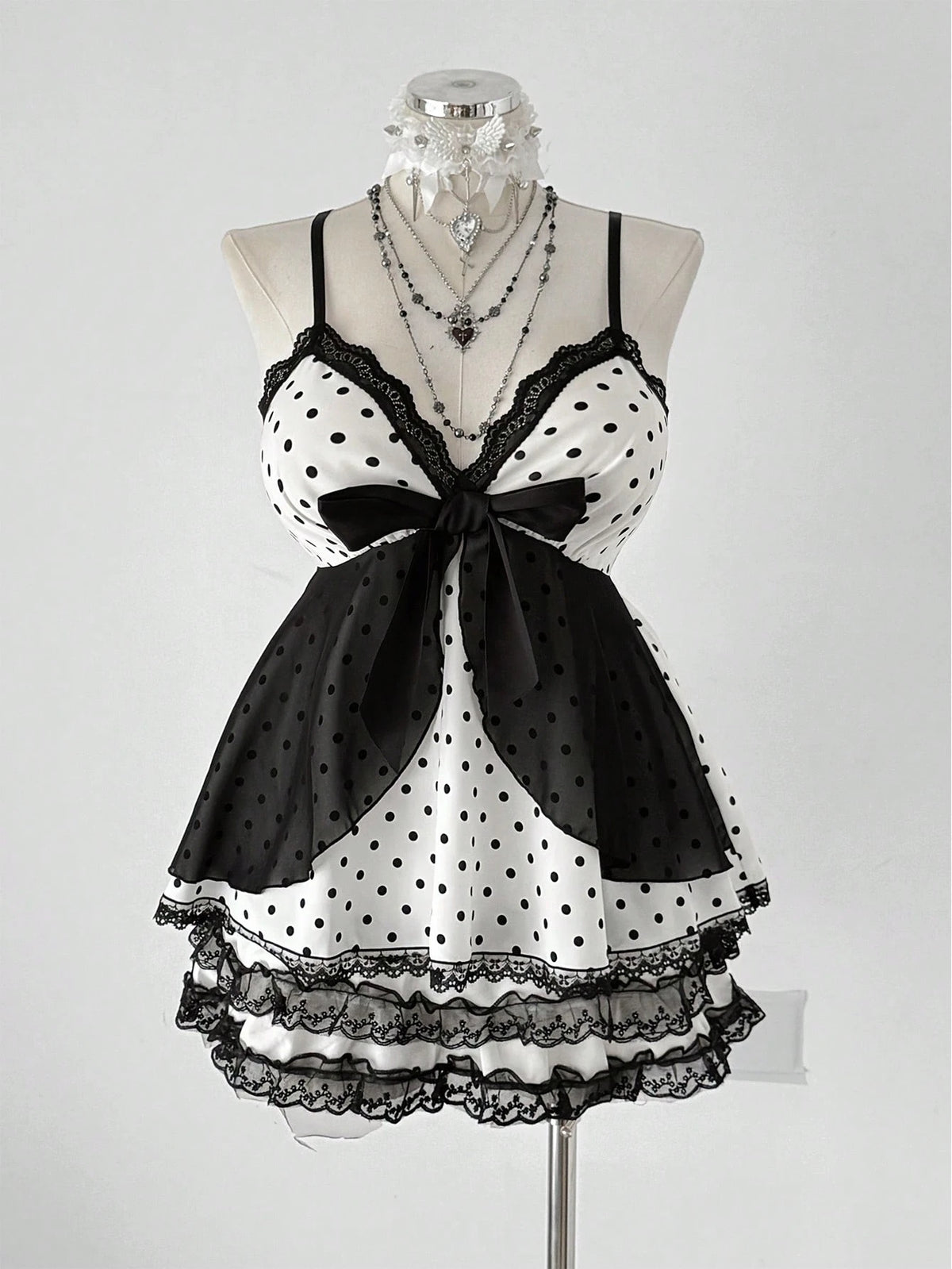 Sunspun Plus Size Women Polka Dot Patchwork Lace Bow Camisole Kawaii Alt Cute