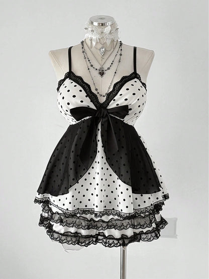 Sunspun Plus Size Women Polka Dot Patchwork Lace Bow Camisole Kawaii Alt Cute