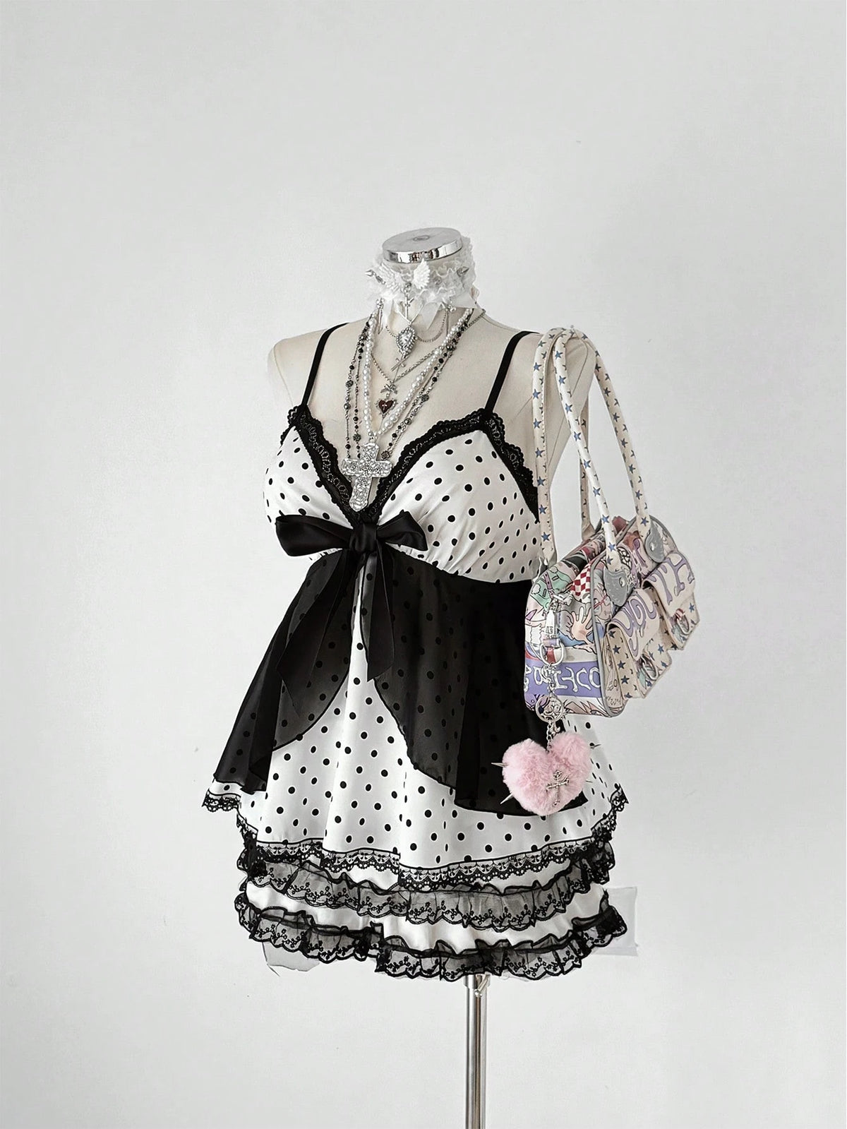 Sunspun Plus Size Women Polka Dot Patchwork Lace Bow Camisole Kawaii Alt Cute