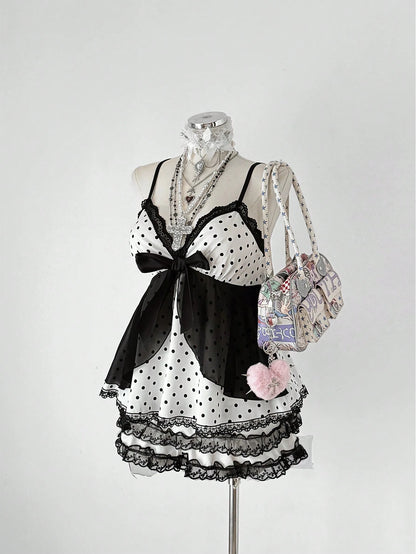 Sunspun Plus Size Women Polka Dot Patchwork Lace Bow Camisole Kawaii Alt Cute
