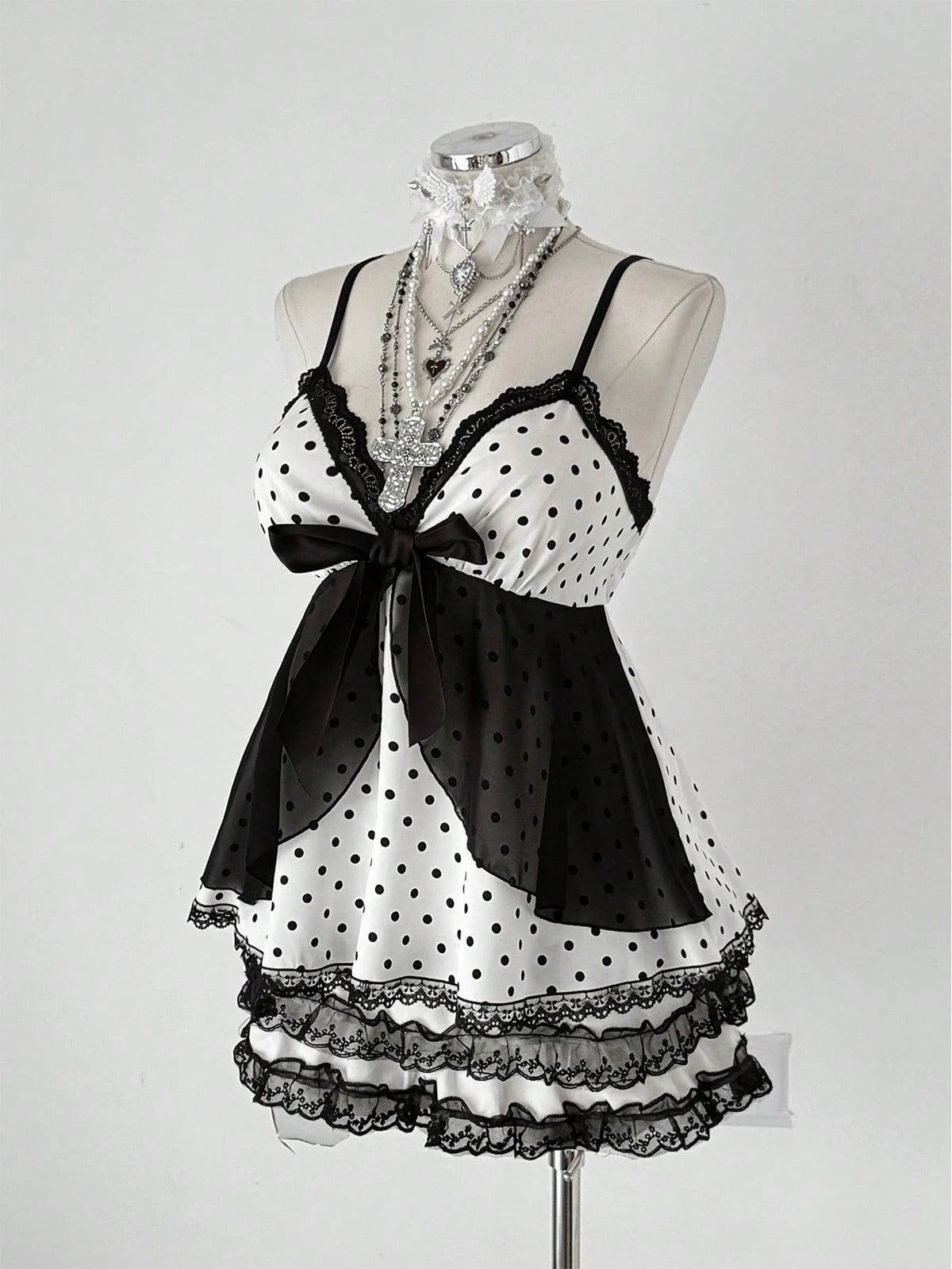 Sunspun Plus Size Women Polka Dot Patchwork Lace Bow Camisole Kawaii Alt Cute