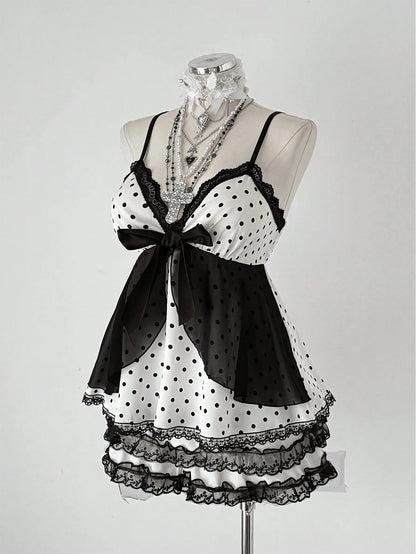 Sunspun Plus Size Women Polka Dot Patchwork Lace Bow Camisole Kawaii Alt Cute