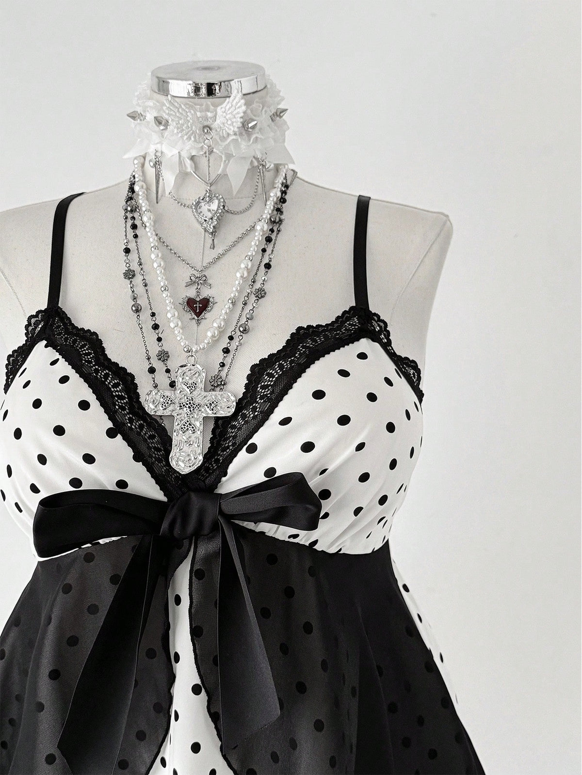 Sunspun Plus Size Women Polka Dot Patchwork Lace Bow Camisole Kawaii Alt Cute