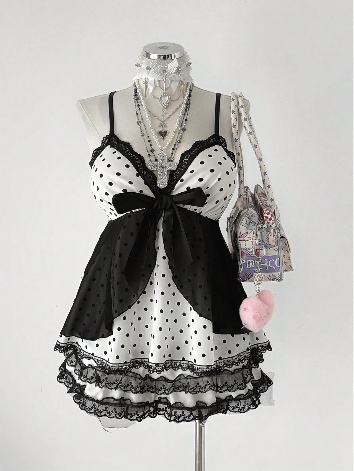 Sunspun Plus Size Women Polka Dot Patchwork Lace Bow Camisole Kawaii Alt Cute