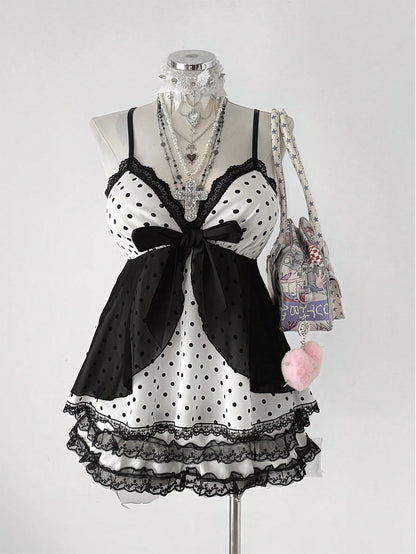 Sunspun Plus Size Women Polka Dot Patchwork Lace Bow Camisole Kawaii Alt Cute
