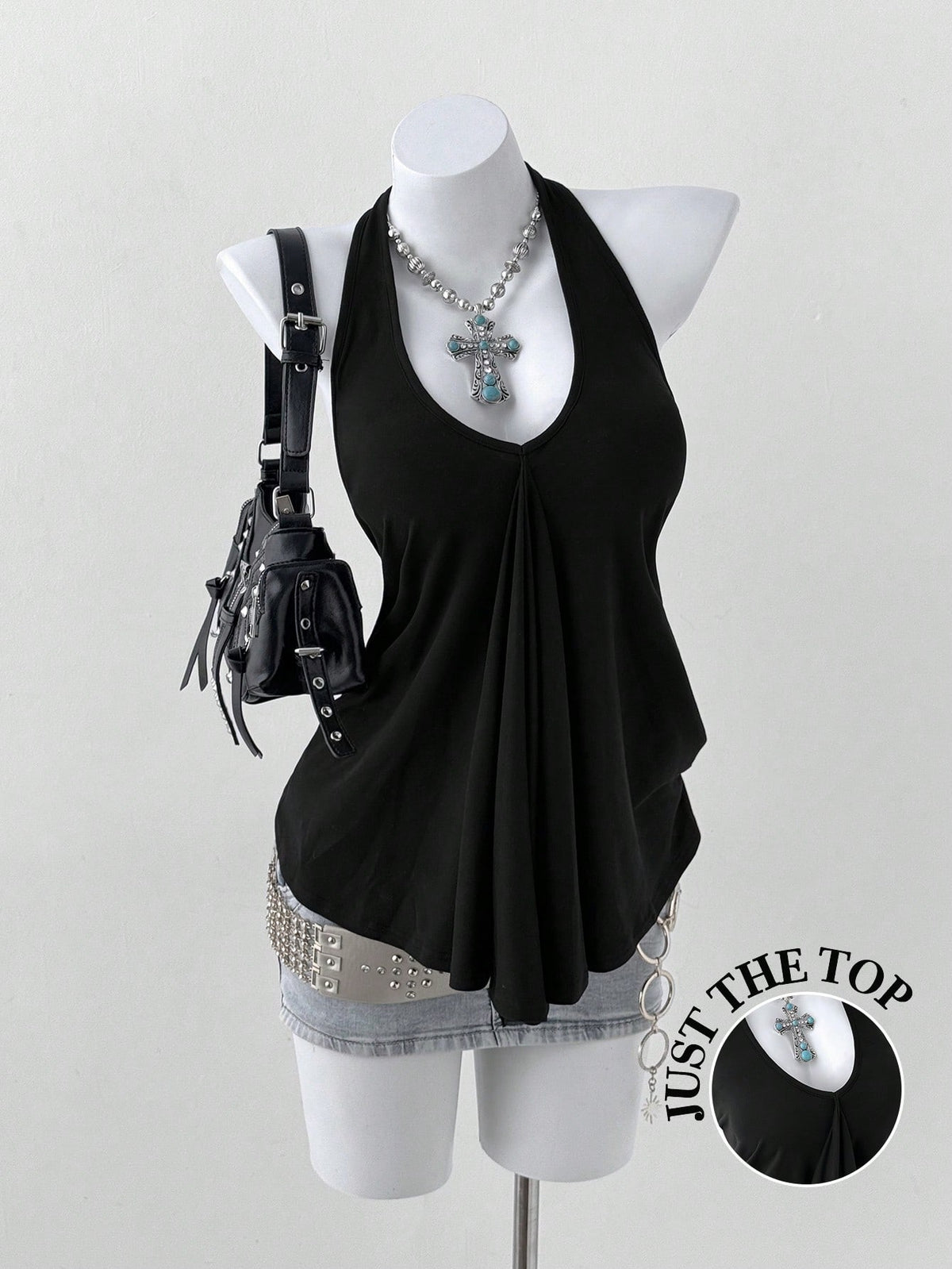 Sunspun Plus Size Women V-Neck Halter Tie Loose Backless Pleated Casual Versatile Daily Wear Top