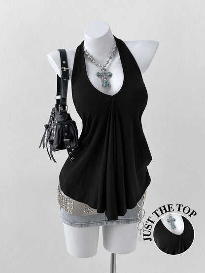 Sunspun Plus Size Women V-Neck Halter Tie Loose Backless Pleated Casual Versatile Daily Wear Top