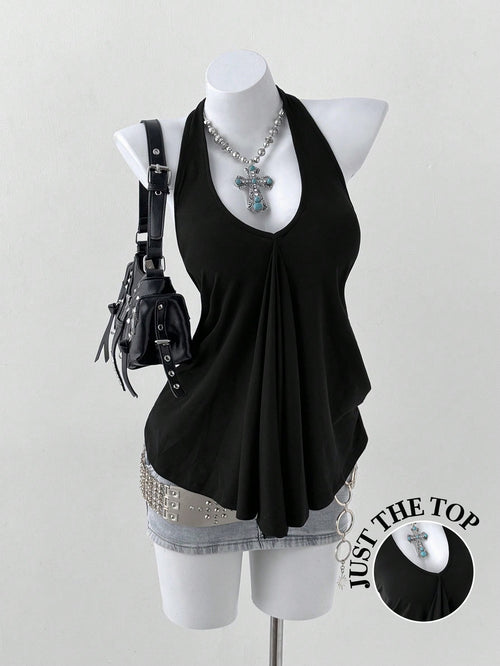 Sunspun Plus Size Women V-Neck Halter Tie Loose Backless Pleated Casual Versatile Daily Wear Top