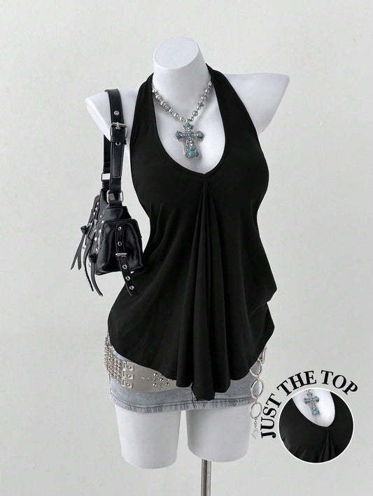 Sunspun Plus Size Women V-Neck Halter Tie Loose Backless Pleated Casual Versatile Daily Wear Top