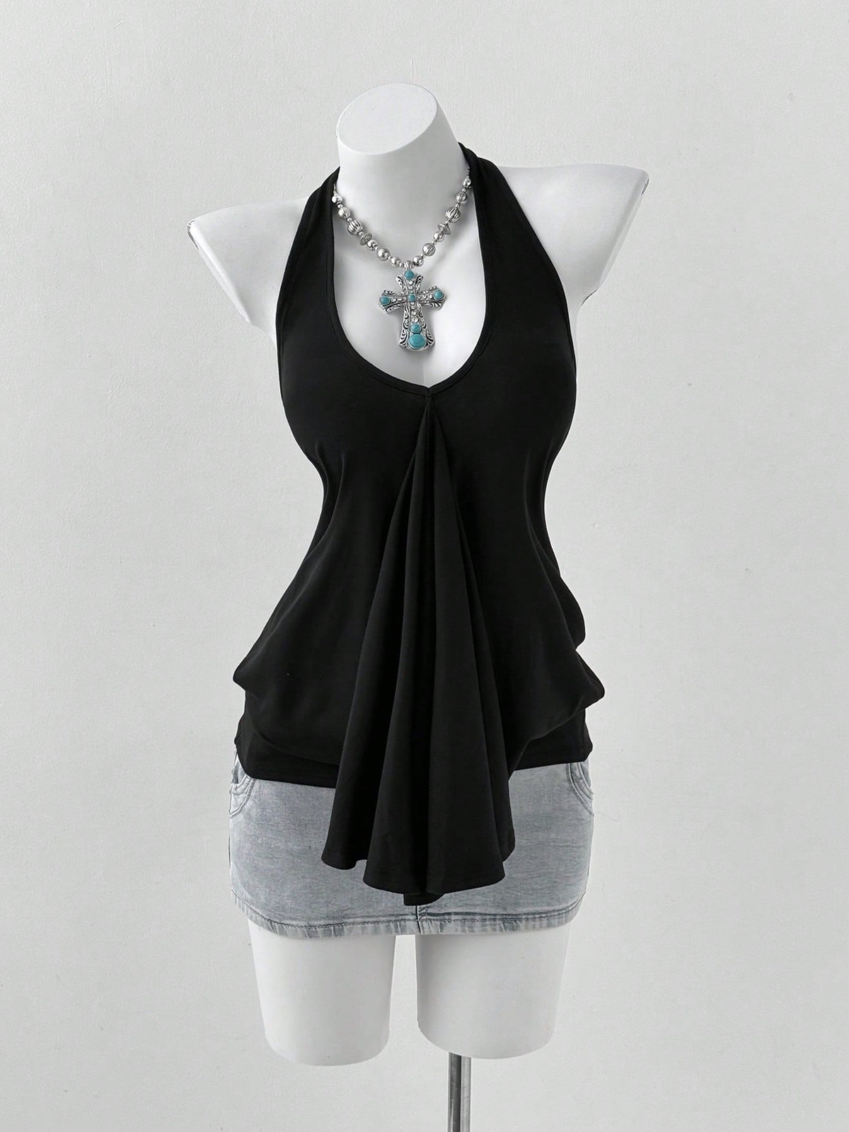 Sunspun Plus Size Women V-Neck Halter Tie Loose Backless Pleated Casual Versatile Daily Wear Top