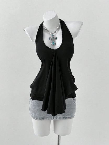 Sunspun Plus Size Women V-Neck Halter Tie Loose Backless Pleated Casual Versatile Daily Wear Top