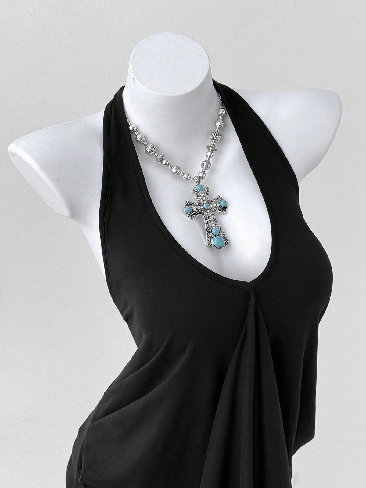 Sunspun Plus Size Women V-Neck Halter Tie Loose Backless Pleated Casual Versatile Daily Wear Top