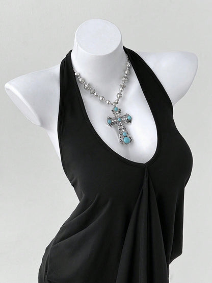 Sunspun Plus Size Women V-Neck Halter Tie Loose Backless Pleated Casual Versatile Daily Wear Top