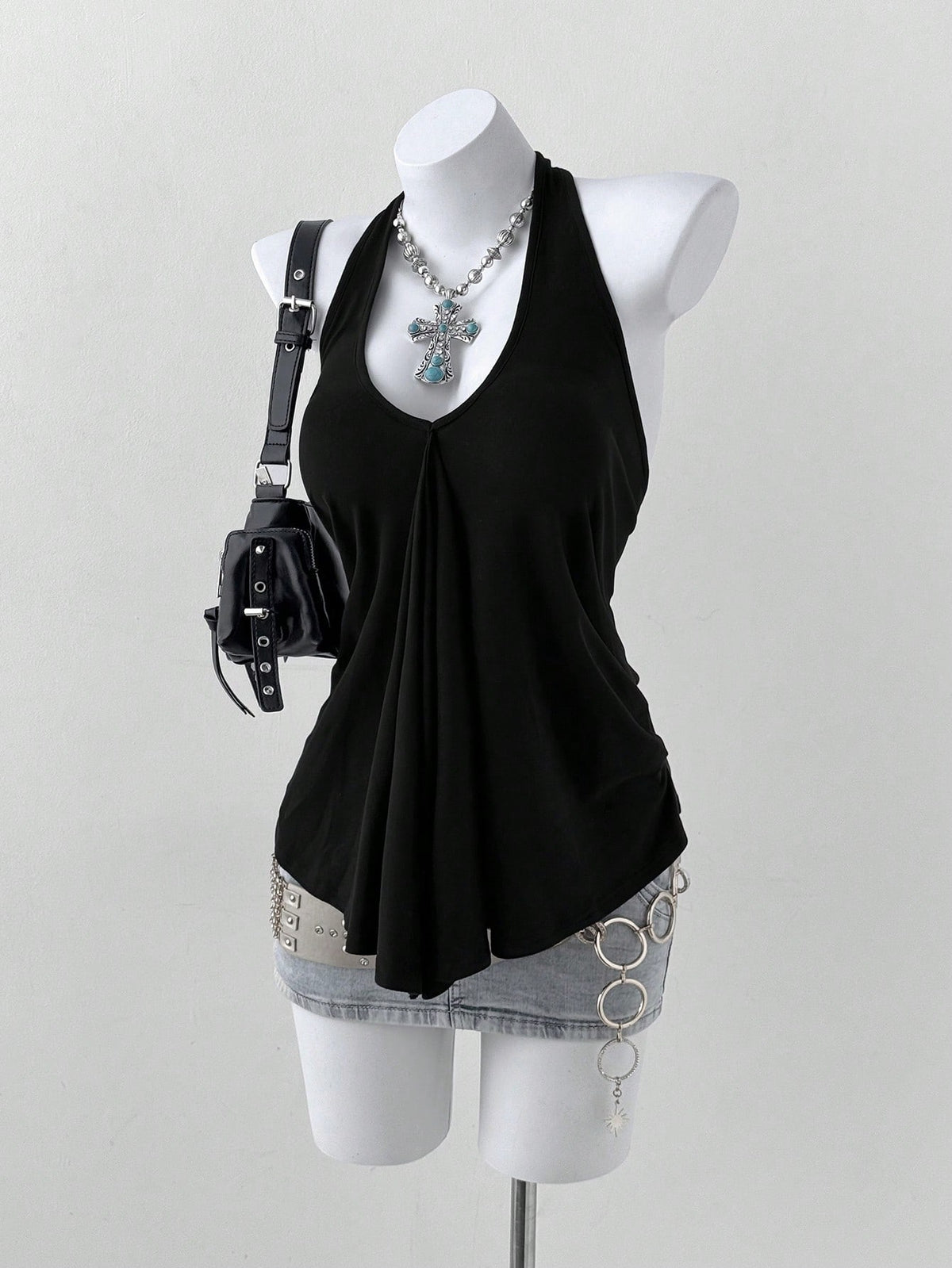 Sunspun Plus Size Women V-Neck Halter Tie Loose Backless Pleated Casual Versatile Daily Wear Top
