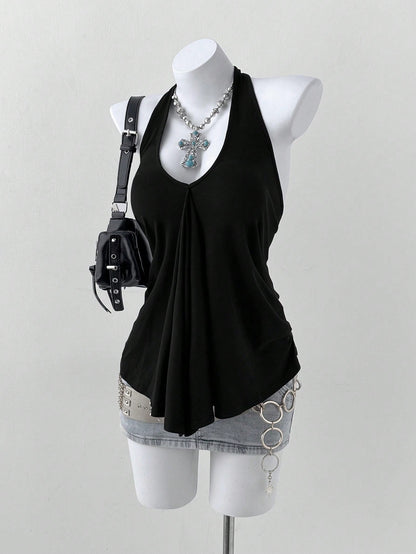 Sunspun Plus Size Women V-Neck Halter Tie Loose Backless Pleated Casual Versatile Daily Wear Top