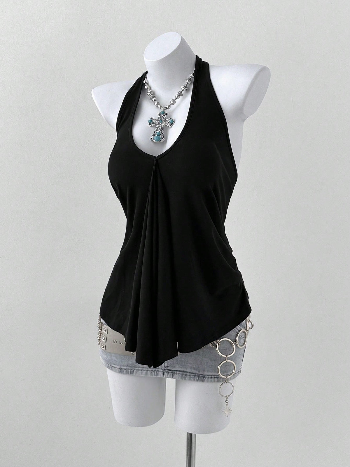Sunspun Plus Size Women V-Neck Halter Tie Loose Backless Pleated Casual Versatile Daily Wear Top