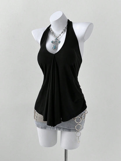 Sunspun Plus Size Women V-Neck Halter Tie Loose Backless Pleated Casual Versatile Daily Wear Top