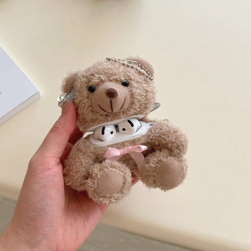 Super Cute 3D Bow Bear Brown Plush Earphone Case Compatible With AirPods 2nd/Pro 3rd/Pro 2/4th Generation