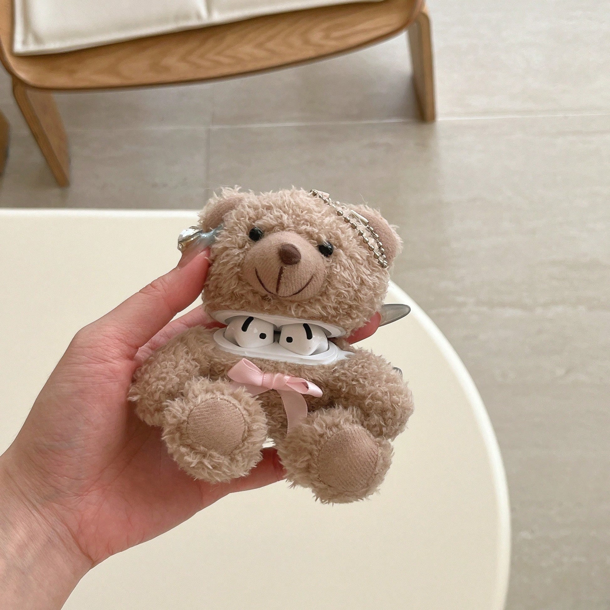Super Cute 3D Bow Bear Brown Plush Earphone Case Compatible With AirPods 2nd/Pro 3rd/Pro 2/4th Generation